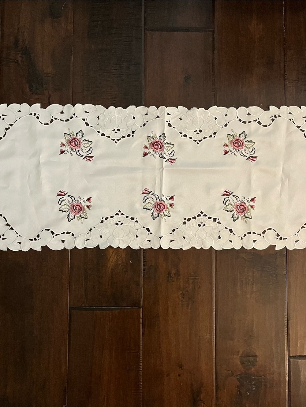 Vintage 52" Embroidered White Floral Table Runner with Pink Rose Accents